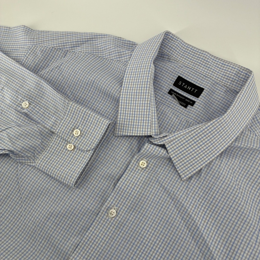 Stantt Mens Blue White Plaid Button Down Dress Shirt Custom Datafit Monogram FC